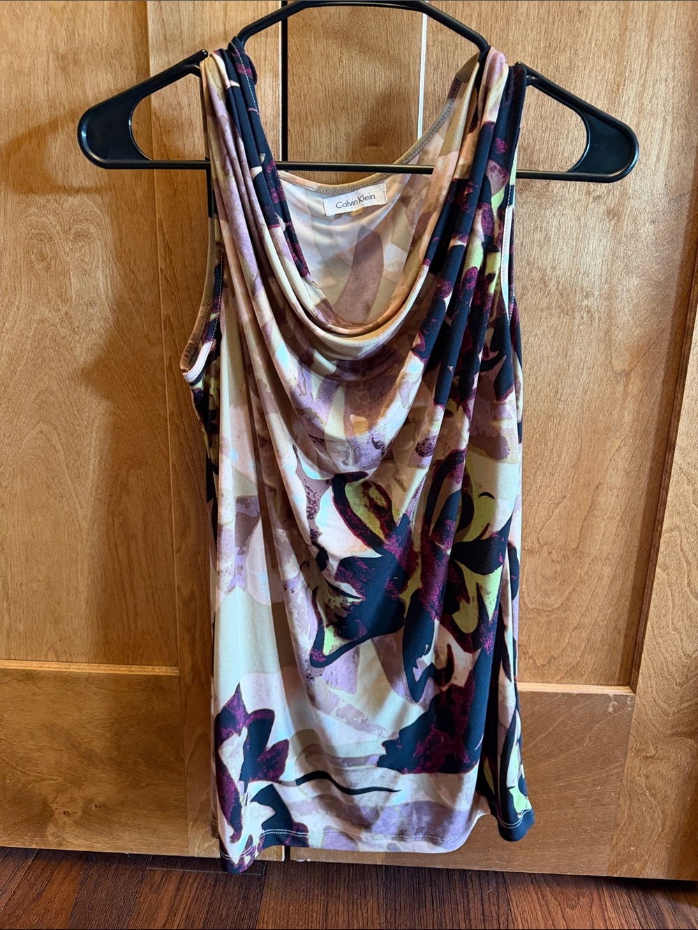 Calvin Klein Floral Draped Cowl Neck Camisole in Black, Purple & Cream sz M